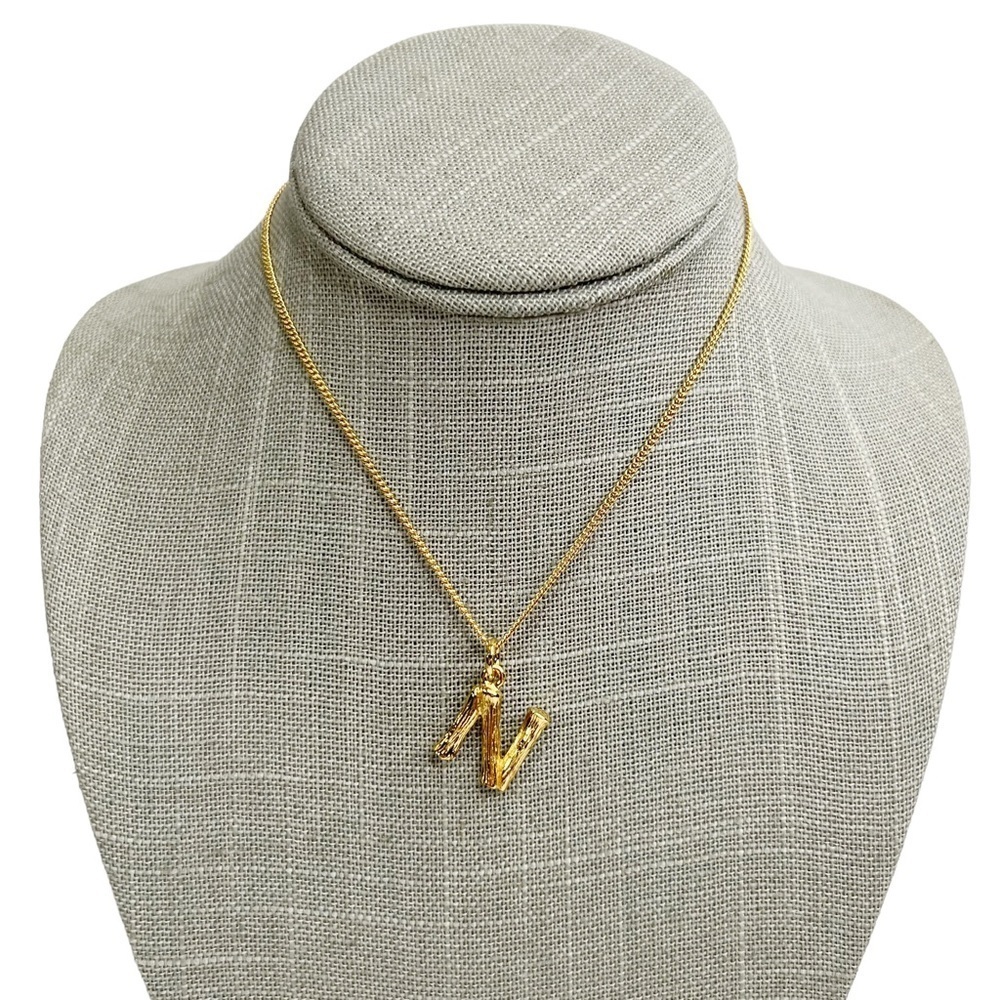 New N Initial Monogram Wood Look Gold Tone Chain Necklace